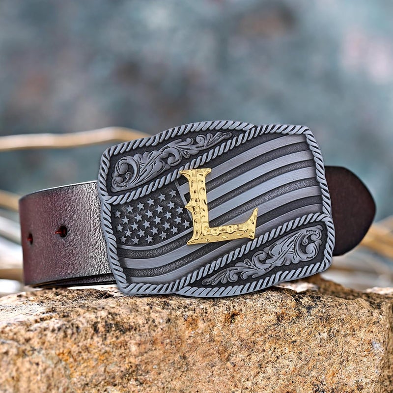 Fibbadet Store Western Cowboy Initial Letters A-Z American Flag Belt Buckle for Men Fathers Day Boyfriend Husband - Image 2